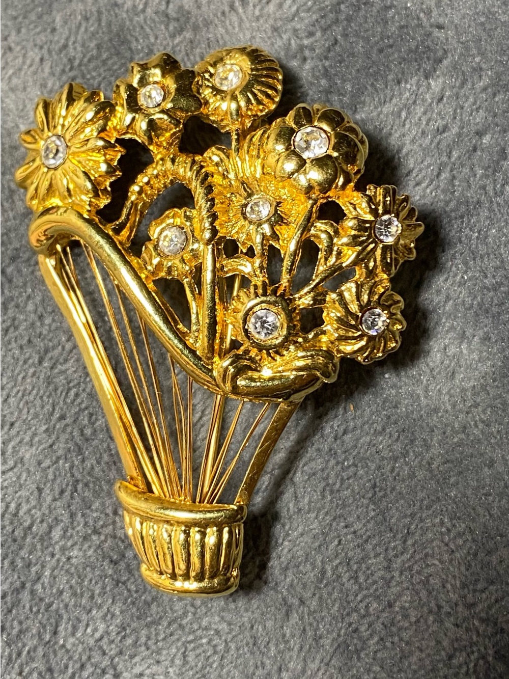 Monet Gold Floral Bouquet Brooch with Clear Accents
